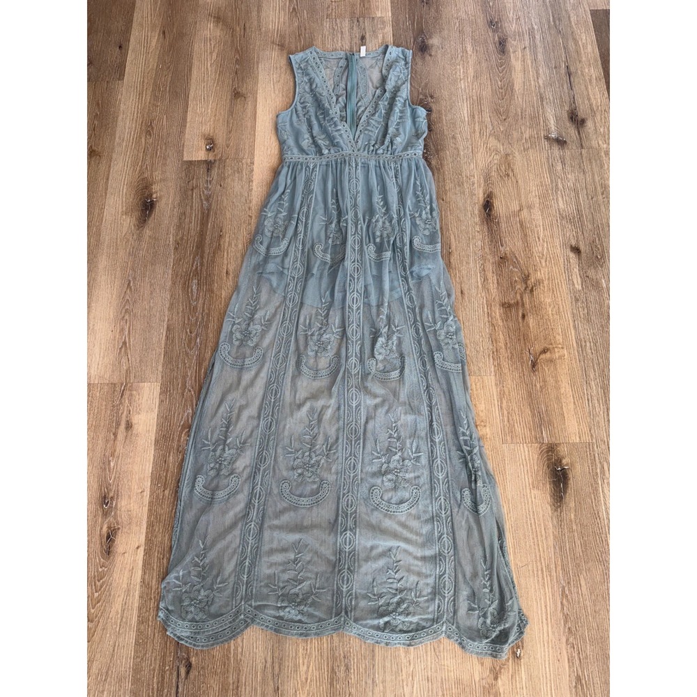 Fairycore Whimsygoth Boho Lace Maxi Dress Women L Sage Green Floral Embroidered